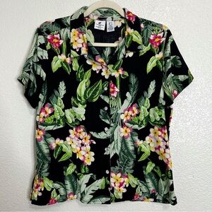 Caribbean Joe Silk Blend Tropical Floral Button Down Women's Shirt, Size LP